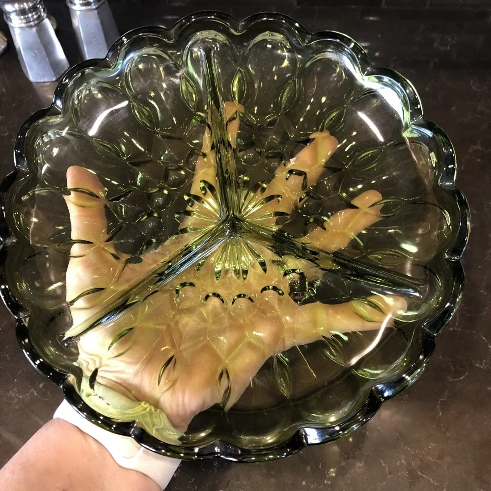 Indiana Glass Avocado Green colony park lane style serving plate with 3 sections